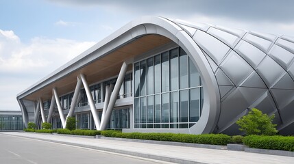 Obraz premium Cutting-edge airport terminal roof with curved composite panels supported by V-shaped steel columns and diagonal tension rods, featuring visible bolted connections for both aesthetics and strength