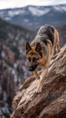 Naklejka premium German Shepherd Dog Walking on Rocky Terrain in Mountain Landscape