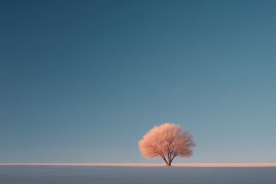 lone minimalistic tree stands in vast open field under clear sky