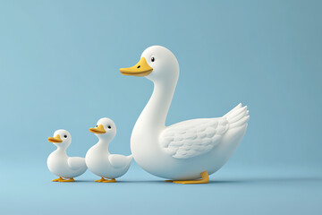 Obraz premium Cute cartoon ducks, a mother and two ducklings, standing against a light blue background, playful scene