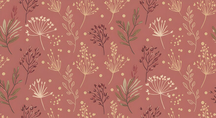 Autumnal Botanical Seamless Pattern Dusty Rose Beige Cream Floral Design Textile Fabric Wallpaper Background Print