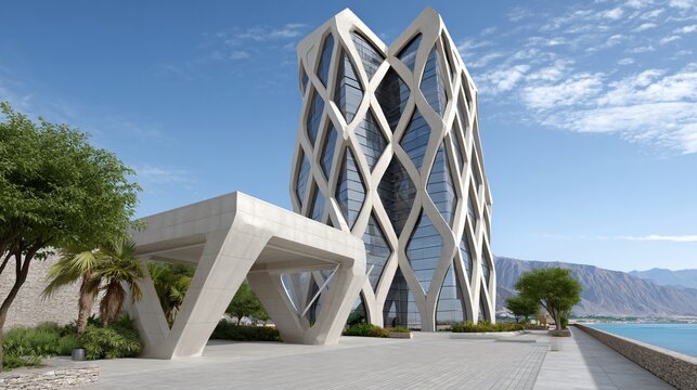 Cutting-edge residential tower with honeycomb structural grid and concrete perimeter columns, integrating visible tension rods and tuned mass dampers to counteract wind sway in a high-rise skyline