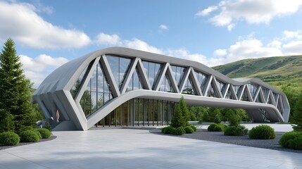 Dynamic cultural center with a fluid concrete shell roof over a structural steel frame, showcasing exposed support ribs and engineered connectivity joints for both form and function