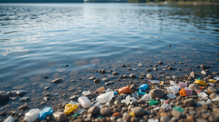 Plastic trash pollutes a calm blue lake shore, contaminating the serene natural environment.