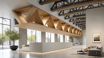 Fototapeta premium Experimental research lab with floating volume modules hung from overhead steel trusses, emphasizing tension rod networks and reinforced base plates for vibration control and advanced load distributio