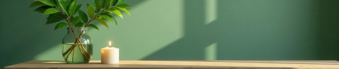 Simple interior; green sprig vase, candle on wood, scandi, elegance