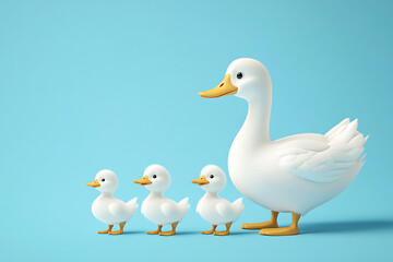 Fototapeta premium Playful cartoon scene featuring a mother duck and three ducklings on a vibrant blue background