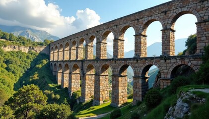 Obraz premium Ancient Roman aqueduct, weathered stone, historical structure, impressive arches spanning valley , travel, timeless