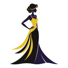 Elegant Woman in Gold and Black Evening Gown Silhouette