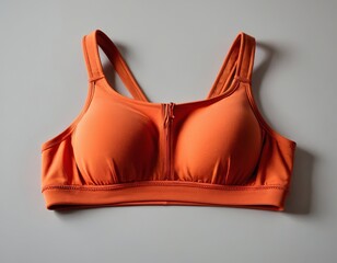 Stylish orange sports bra with zip closure, designed for comfort and support during workouts.