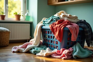 A overflowing laundry basket, clothes piled high, showing a messy home scene , pile of clothes, garment
