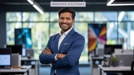 Fototapeta premium Smiling Indian businessman standing with arms crossed in a modern IT company office