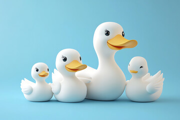 Fototapeta premium A cheerful family of cartoon ducks on a bright blue background, evoking joy and playfulness