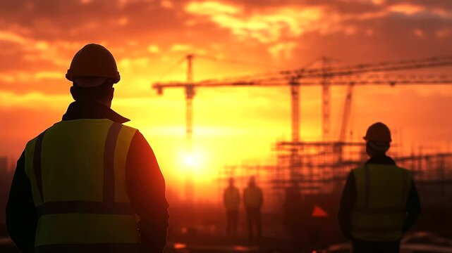 Construction workers in safety vests and hard hats, gathered together at a site during the golden hour of sunset, overseeing a building under construction with scaffolding and heav