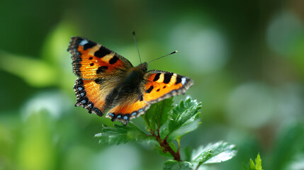 Small tortoiseshell butterfly (Aglais urticae) perched on a little plant leaf. Macro wildlife animal background.