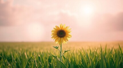 A single sunflower in the middle of green meadow grass on a summer landscape.