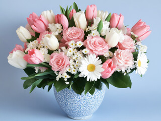 Colorful floral arrangement with tulips and roses in a blue vase