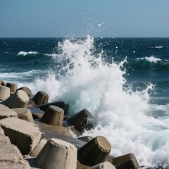 Wave Crashing Against Concrete Breakwaters