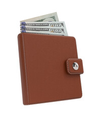 Leather brown wallet with money on white background. Isolated 3D illustration