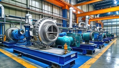 Fototapeta premium A large-scale industrial machine in an industrial workshop with mechanical parts and pipelines.