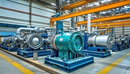 A large-scale industrial machine in an industrial workshop with mechanical parts and pipelines.
