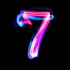 Fototapeta premium Neon Light Painting Number 7 Overlay - Vibrant Glowing Text Effect for Urban Designs. Perfect for Nightlife, Entertainment and Modern Branding Projects.