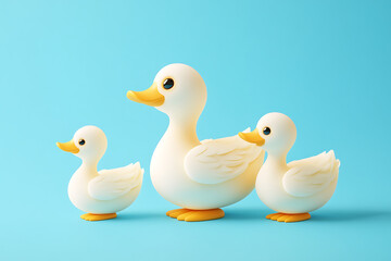Three cartoon ducks of varying sizes stand on a bright blue background, showcasing playful design and charm