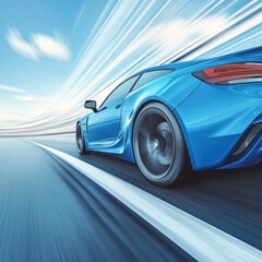 Blue sports car speeding on highway motion blur low angle automotive performance transport