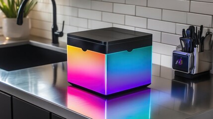 Colorful, illuminated cube-shaped device on a stainless steel countertop in a modern kitchen