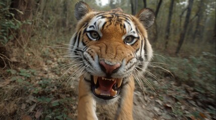 Naklejka premium Majestic Tiger Roaring in Wilderness with Intense Expression and Gaze