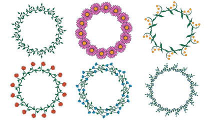 Flower doodle circle frame set. Spring floral circular frame. Hand drawn botanical isolated vector illustration.