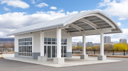 Fototapeta premium Ultra-modern airport hangar with long-span steel trusses and fiberglass roof panels, highlighted by exposed tension rods and reinforced column bases for high wind and snow load performance