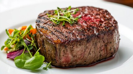 A delicate Wagyu beef steak being served on a white plate with a small side salad and a garnish of microgreens, showcasing the fine dining experience