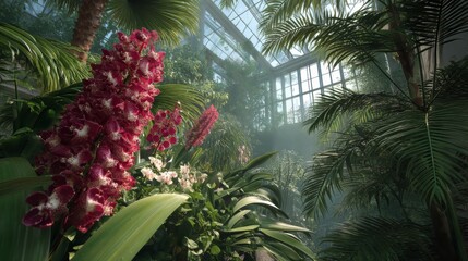Obraz premium Exploring the Vibrant Ecosystem of a Tropical Greenhouse with Stunning Pink Flowers and Rare Plants