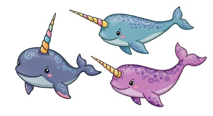 Fototapeta premium Cute Narwhal Unicorn Cartoon Illustration Set