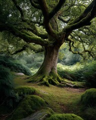 Fototapeta premium A Towering Ancient Oak Tree Adorned With Lush Green Moss Symbolizing Nature's Enduring Beauty and Strength