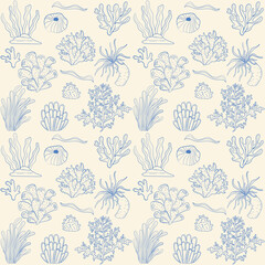 Coral doodle minimalistic seamless pattern. Ocean underwater flora design. Cartoon isolated vector pattern.