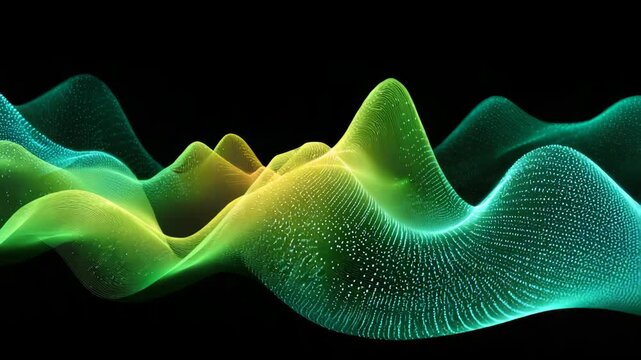 abstract flowing 3D green and yellow data waves against a black background, evoking a sense of scientific data visualization. The scene showcases intricate patterns and a dynamic interplay of colors.