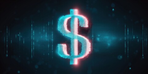 Glowing digital dollar sign with blue and red neon effect