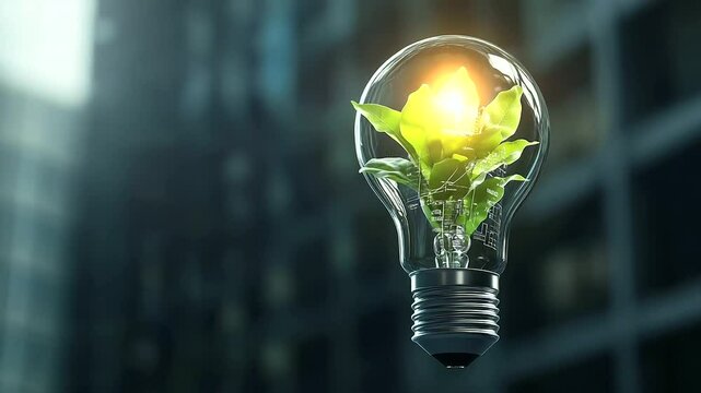 A glowing light bulb, with green leaves sprouting from the base, is intertwined with a financial growth chart, representing the development of eco-friendly business models and thei