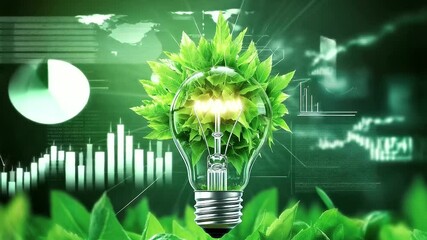 A light bulb grows into a lush plant with financial graphs and data visualizations in the background, illustrating the potential of green business ideas and the impact of sustainab - Powered by Adobe