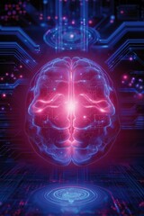 Fototapeta premium Futuristic digital brain in neon blue and pink cybernetic environment