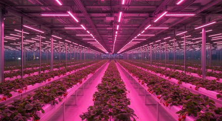 Strawberry Plant in Greenhouse Under Pink Light