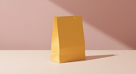 Mustard yellow paper bag mockup against soft pink background