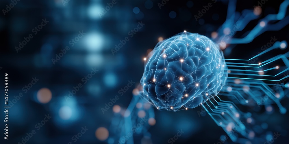 Poster digital neural network visualization with glowing synaptic connections