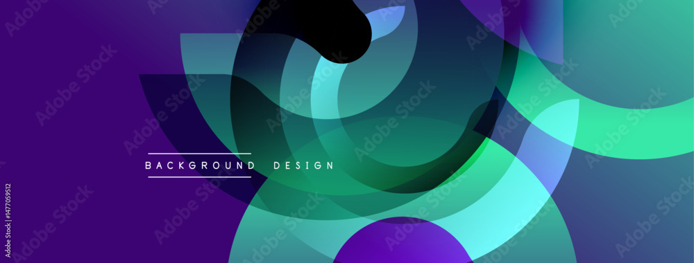Poster Abstract design features overlapping circles, gradients. Purple, teal hues dominate composition. Modern aesthetic, dynamic visual impact.