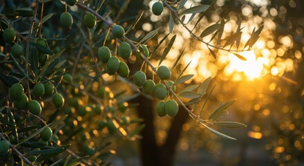 Green olives hanging on a branch illuminated by golden sunset light in a serene Italian orchard, capturing the essence of Mediterranean harvest, tradition, and natural beauty.