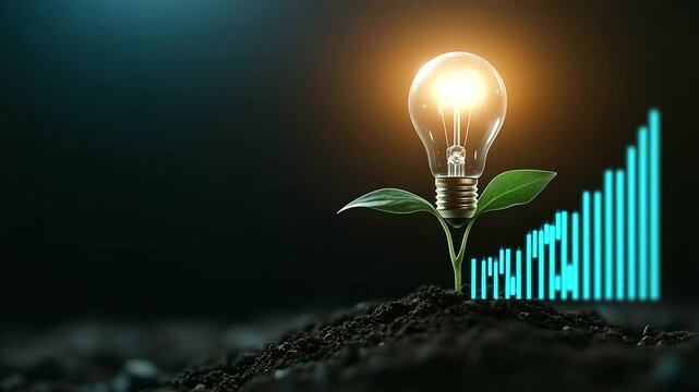A light bulb growing into a small plant with roots that align with a financial graph rising steadily, symbolizing the positive environmental and financial impacts of investing in g