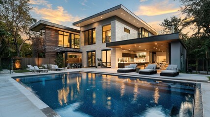A luxurious modern house with a swimming pool at dusk
