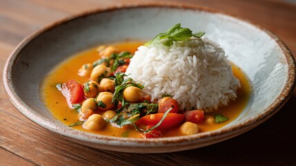 A bowl of white rice served with a colorful chickpea vegetable curry garnished with fresh herbs.